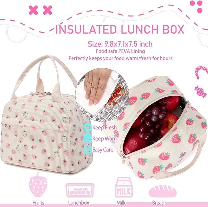 Corduroy Strawberry Backpack for Girls Teens School Bookbag with Lunch Box Pencil Case Laptop Sleeve Elementary Middle School Bag, Straberry-Pink