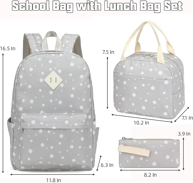 Flowers School Backpack for Girls, 3PCS Bookbags Set with Lunch Box Pencil Pouch Elementary Middle School Bag Laptop Back Packs (Daisy Grey)