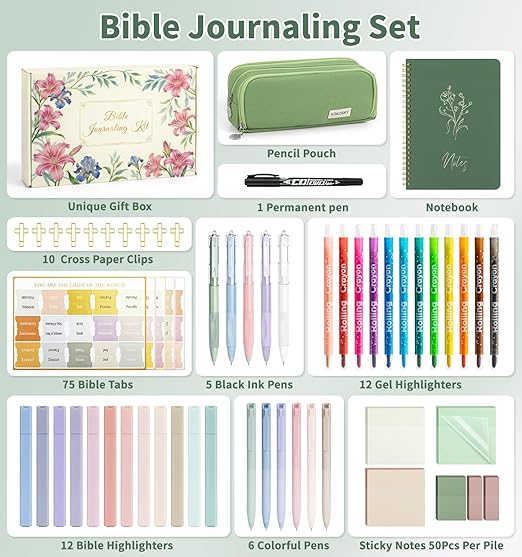 59Pcs Bible Study Supplies, Bible Journaling Kit for Women, Pencil Case, 12 Pastel No Bleed Highlighters and 6 Colored Pens, Bible Tabs and More, Bible Study Tools, Book Annotation Kit for Women & Men