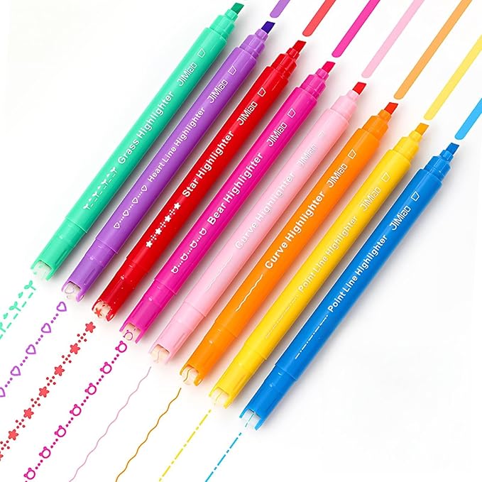 8PCS Curve Highlighter Pen Set, 8 Different Shapes Dual Tip Marker Highlighters for Note Taking Journaling Drawing, Colored Curve Pens Set for Planner Back to School Supplies