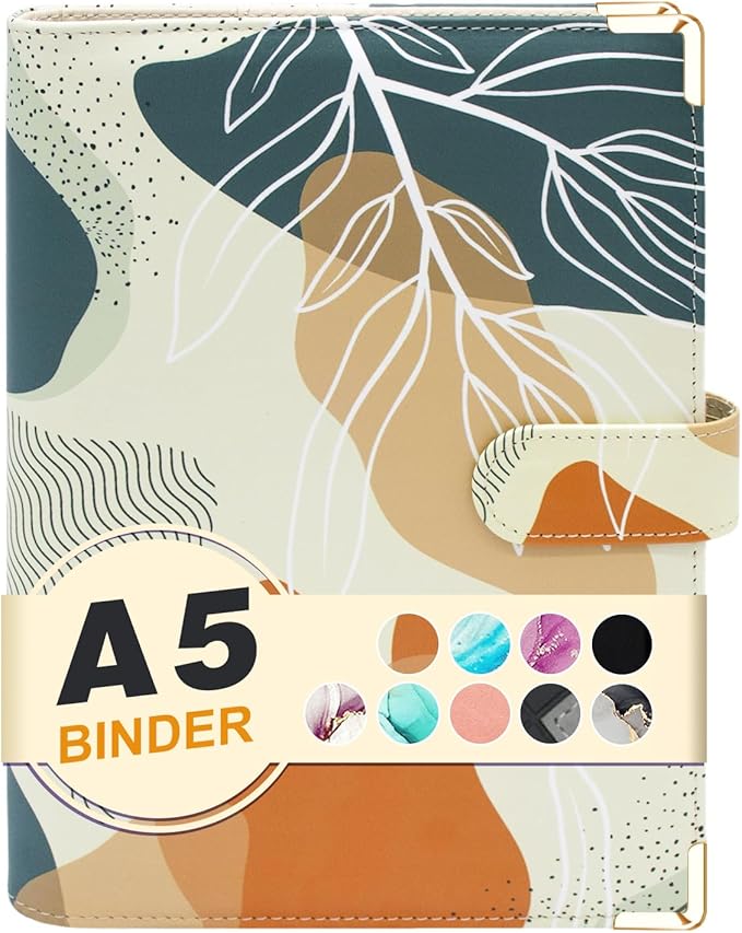 A5 Refillable 6 Ring Faux Leather Budget Binder,Mini Notebook Binder Cover for A5 Filler Paper,Loose Leaf Personal Planner Cover with Magnetic Buckle Closure(White Leaves)