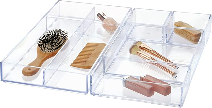 iDesign Clarity Kitchen Drawer Organizer for Silverware, Spatulas, Gadgets - Medium, 8" x 8" x 2", Clear