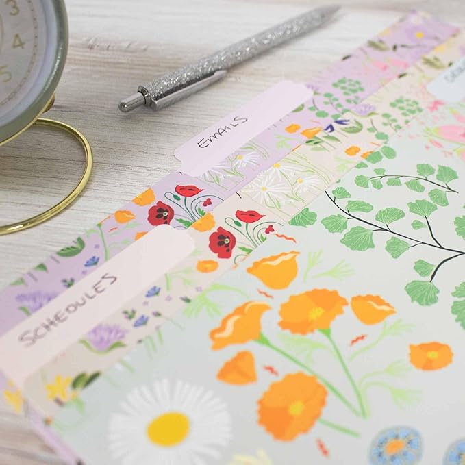bloom daily planners Decorative File Folders - Set of Six Letter Size (8.5” x 11”) Organizers, 1/3 Cut Tabs - Assorted Floral Designs - Garden Party