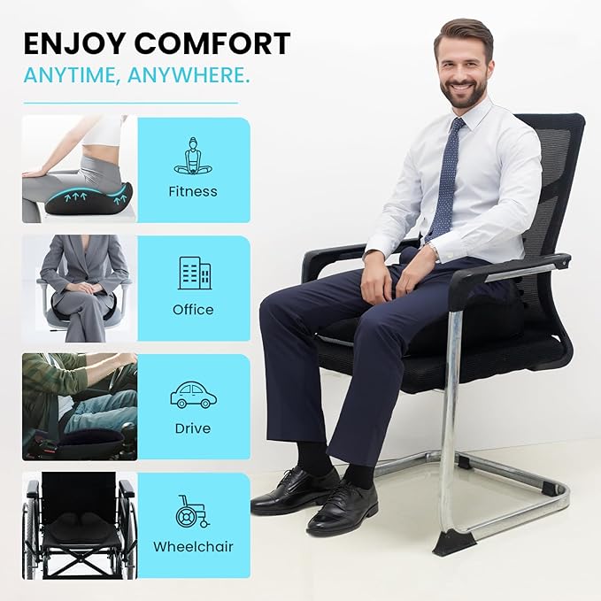 CXC Seat Cushions for Office Chairs – Recovery Memory Foam, Seat Cushion for Desk Chair, Car, Wheelchair, Hip & Tailbone Pain Relief Cushion for Lxx`ong Sitting, Non-Slip (Black Breathable mesh Cover)