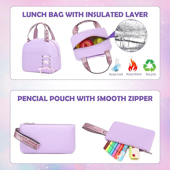 Backpacks for Girls, Girls Backpack with Lunch Box and Pencil Case for Teen Kids Elementary Middle High School College Student, Children Backpack Bookbag with USB Charging Port (Pink Purple)