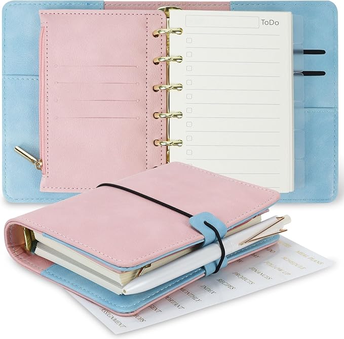 A7 Binder Refillable Planner Notebook 6 Ring, Portable Leather Organizer with Zippered Pocket, To-Do & Blank Refill Papers, Dividers, Monthly Sticker, Pen, for Students, Professionals, Travel (Sky Blue & Pink)