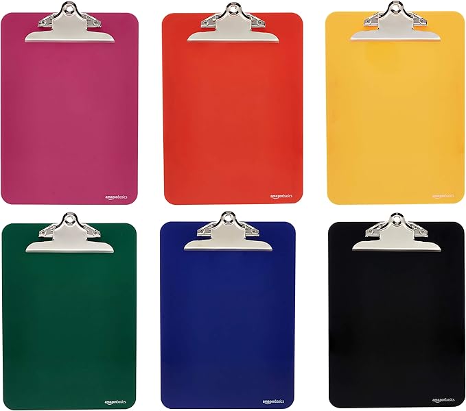 Amazon Basics Lightweight Plastic Clipboards with Sturdy Metal Clip, Letter Size, Assorted Classic Colors, Pack of 6