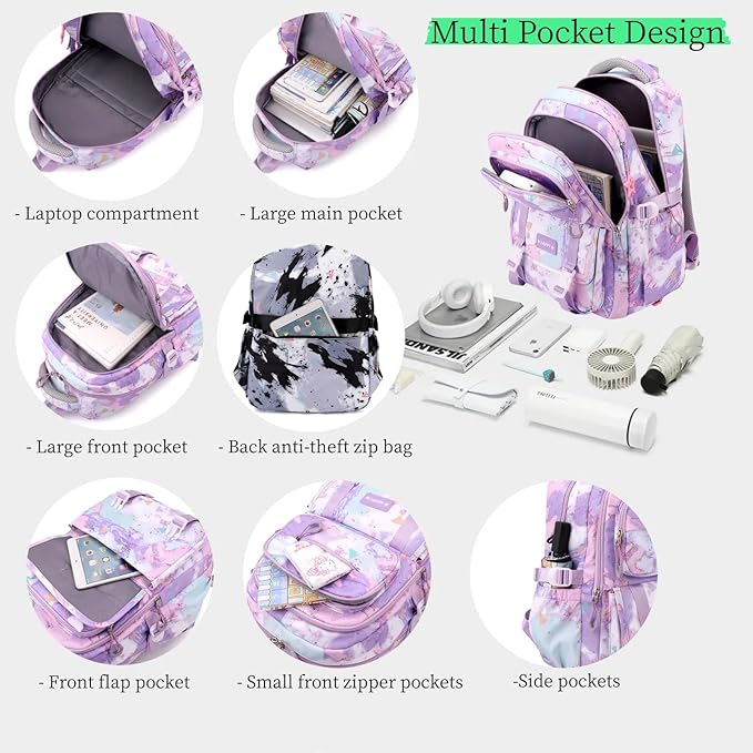 Backpack for Girls Kids Backpacks with Lunch Box Elementary Middle High School Backpacks Students Bookbag Set School Bags for Teens Girls (Black)