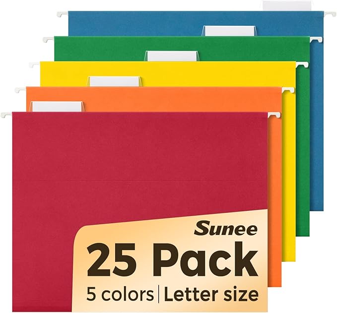 SUNEE Hanging File Folders Assorted Colors, 25 Pack File Folders Letter Size with 1/5-cut Tabs, Stay Organized for Your Home and Office Bulk File and Documents