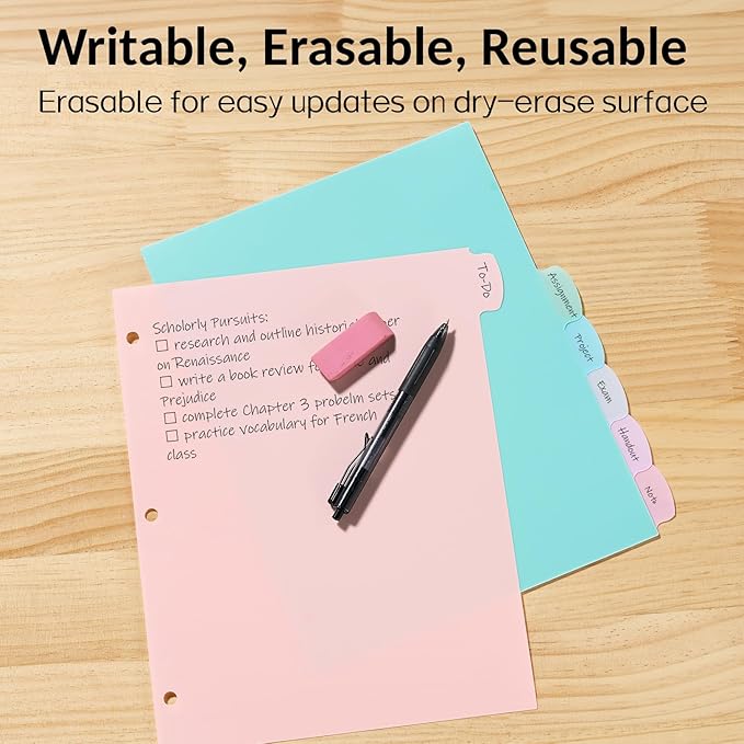 Sooez 8 Tabs Long-Lasting Plastic Write & Erase Large Tabs Dividers for 3 Ring Binder, Aesthetic Cute Pastels Binder Dividers for Student, Teacher, Office, Home Organizers, 2 Sets, Muted