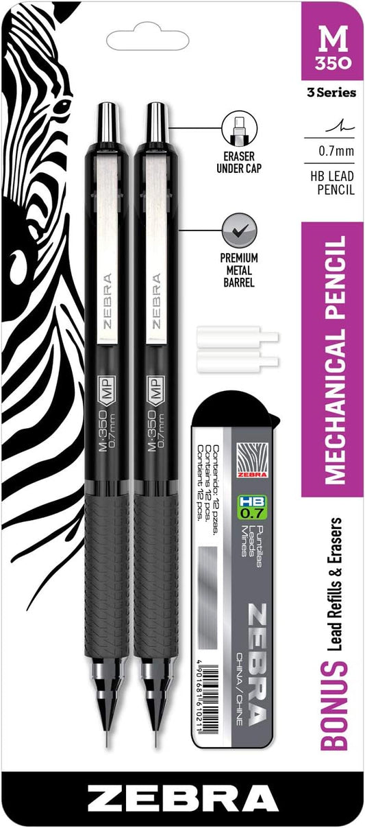 Zebra Pen M-350 Mechanical Pencil, Space Black Premium Metal Barrel, Medium Point, 0.7mm, 2-Pack with Lead and Eraser Refills