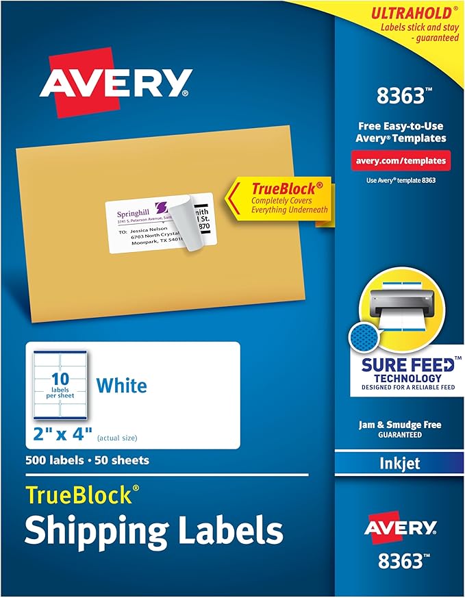 Avery Shipping Labels, Sure Feed Technology, 2" x 4", White, Inkjet Printable, Permanent Adhesive, 500 Blank Mailing Labels per Pack, 2500 (5 Packs of 8363)