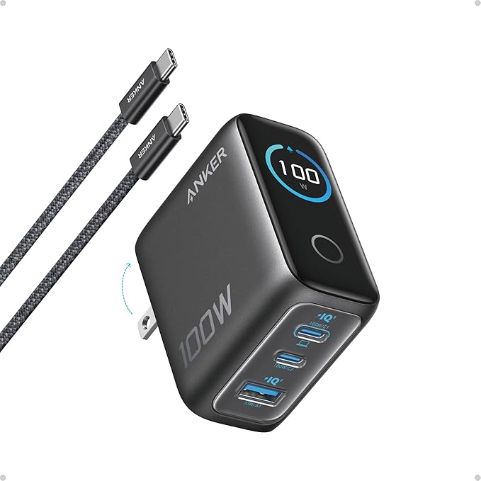 Anker Charger, 100W Max Ultra-Compact 3-Port GaN USB C Charger Block with Smart Display and Touch Control, Fast Wall Adapter for iPhone 17/16 Series, iPad, MacBook (Include Charge Cable, Non-Battery)