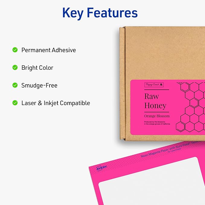 Avery Printable Labels with Sure Feed, 2" x 4", Assorted Neon Colors (Green, Magenta, and Yellow), Removable Adhesive, Laser & Inkjet Compatible, 120 Blank Labels per Pack (5-Pack of 6481)