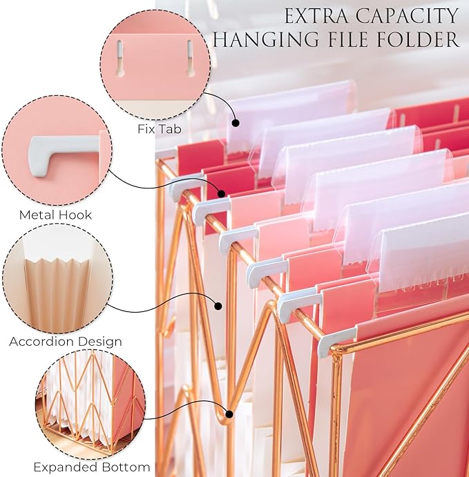 Y YOMA Letter Size - 6 Pack Extra Capacity Hanging File Folders Accordion Decorative Reinforced File Folder Cute Colored Expandable Folder for Office Home with 1/5-Cut Adjustable Tabs, Cute Pink
