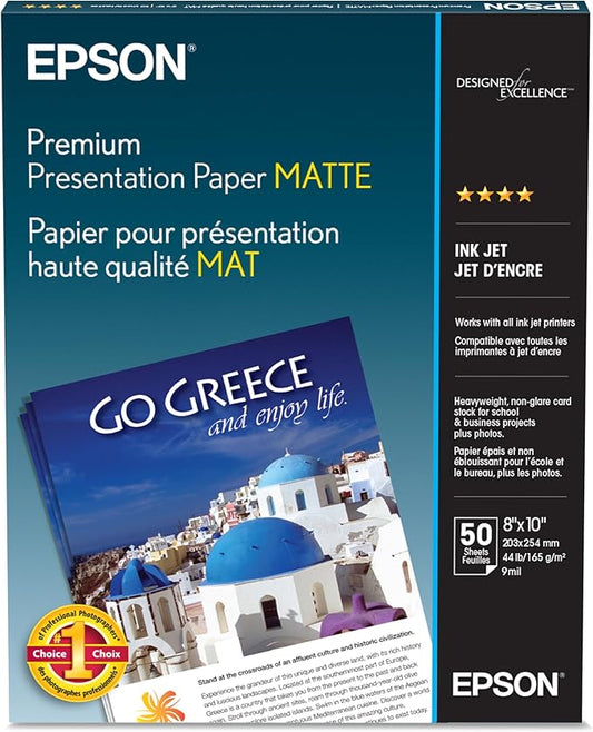 Epson Premium Presentation Paper MATTE (8x10 Inches, 50 Sheets) (S041467),Bright White