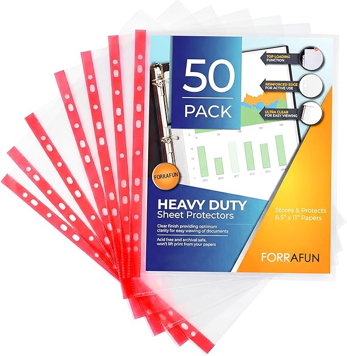 50 Pack Sheet Protectors, Red Edge Heavy Duty Standard 8.5 x 11 Inch Paper Page Protectors for 3 Ring Binder Clear Binder Sleeves Document Protector for Office Stationery Supplies