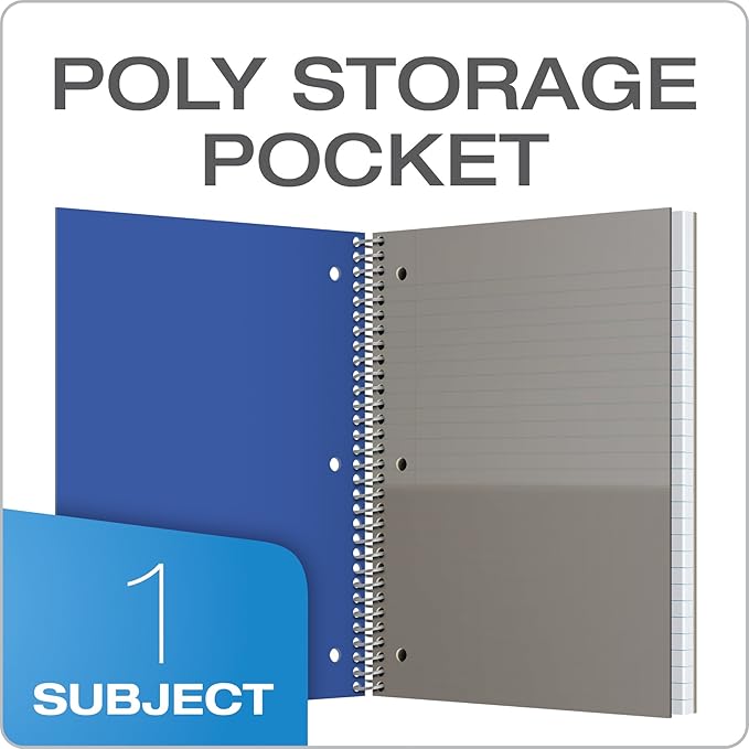 Oxford Spiral Notebooks, 1 Subject, College Ruled Paper, Durable Plastic Cover, 100 Sheets, Durable Divider Pocket, 3-Hole Punch, 3 Pack, Red, Black and Blue (10390)