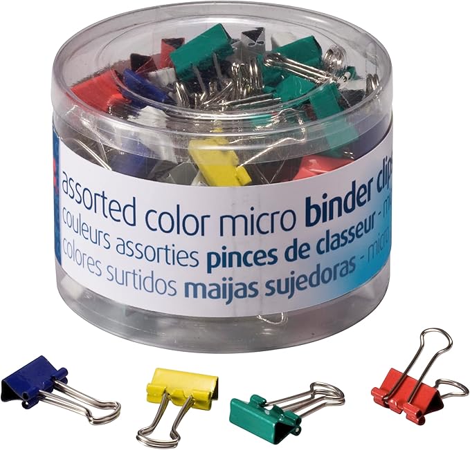 Officemate Micro Binder Clips, Assorted Colors, 100 Clips per Tub (31023)