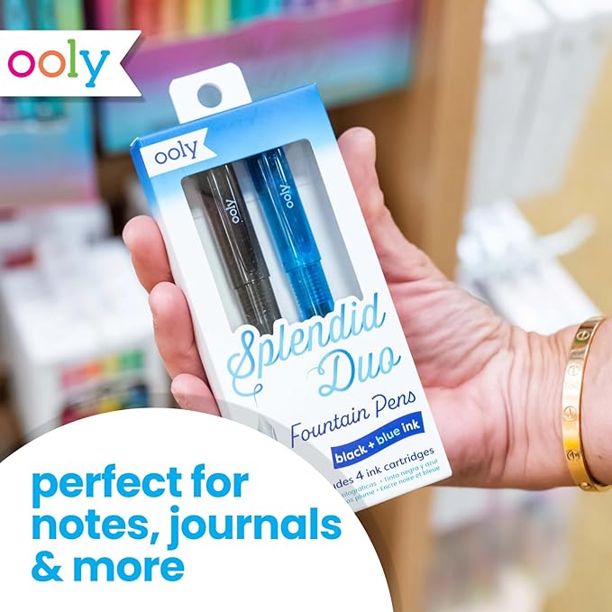 Ooly Splendid Duo Fountain Pens: Black & Blue Inks - Set of 2 Pens & 4 Cartridges, School Supplies