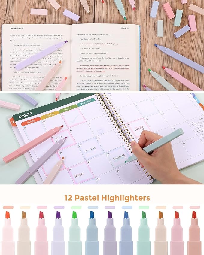 SKYDUE Cute School Supplies 38 PCS, Pencil Case with 12 Pastel Highlighters, 5 Black Gel Pens, Mechanical Pencils, College Essentials Students Stationary Set Purple