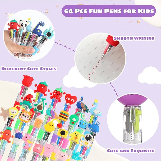 BESARME 64 Pcs Fun Pens, Multicolor Pens in One 4-in-1 Cute Pen Bulk Party Favors for Birthday Prizes Gifts for Kids Classroom