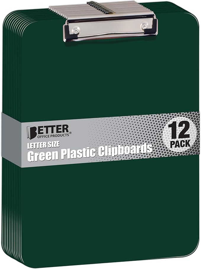 Better Office Products Green Plastic Clipboards, 12 Pack, Durable, 12.5 x 9 Inch, Low Profile Clip, Green, Set of 12