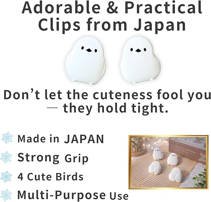 Cute Kawaii Little Bird Chip Clips – Mini Japanese Bag Clips, Set of 4 – Small Gift Idea, Strong Grip Food & Paper Clips – Made in Japan