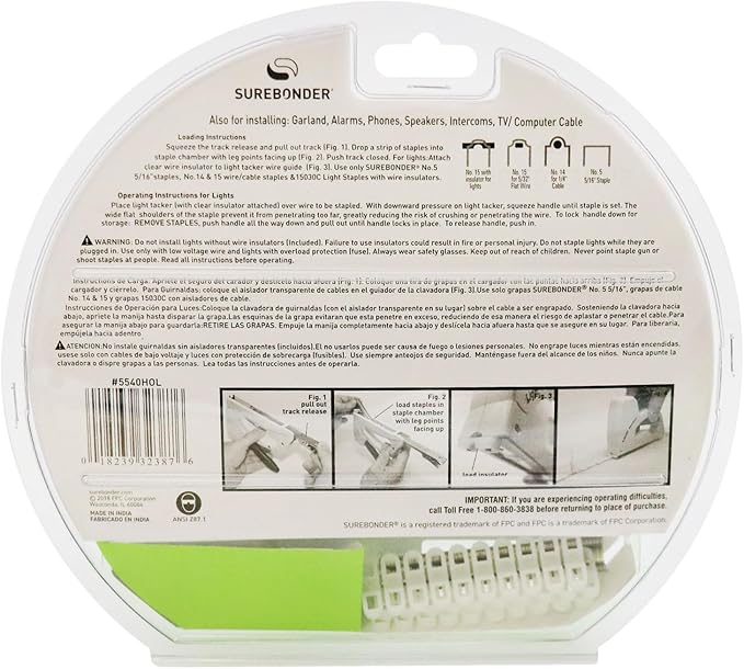 Surebonder 5540HOL Light-Duty Tacker Staple Gun for Holiday and Christmas Lights, Garland, Phone, Speaker, TV, and Computer Cable - 60 Staples and 30 Insulators Included