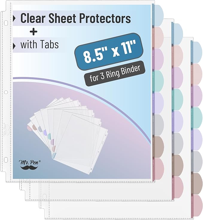 Mr. Pen- Clear Sheet Protectors with Binder 8 Tabs, 3 Sets, Morandi Color, Clear Plastic Dividers for 3 Ring Binder, Insertable Index Page Divider Multicolor Tabs