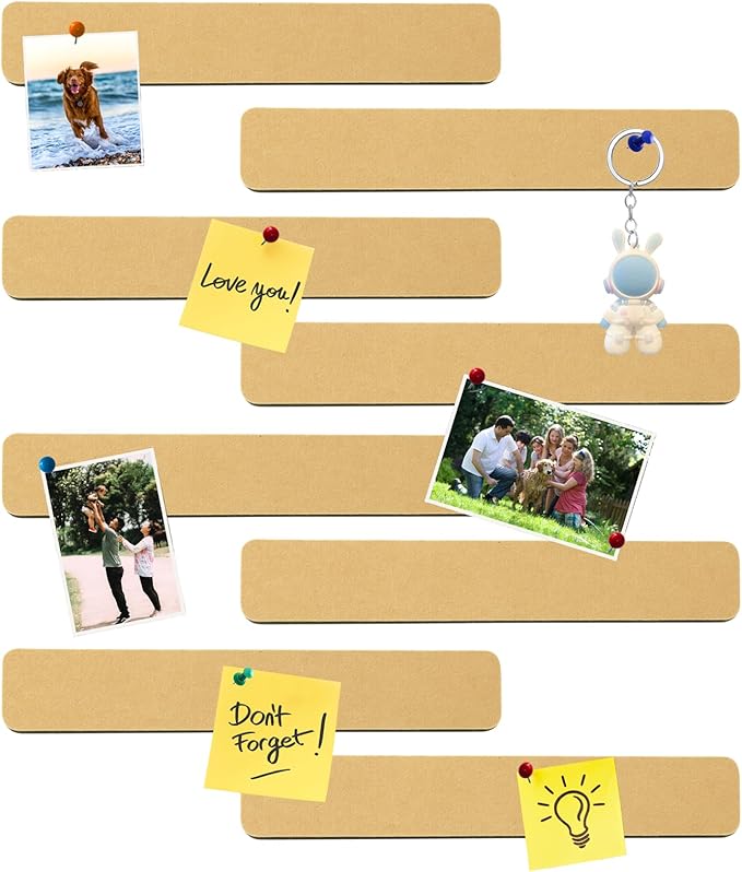8Pcs Rectangle Felt Cork Board Bar Strips with 35 Pushpins, Self-Adhesive Bulletin Board Strips for Office School Home Wall Decor Stickers Memos Schedules Photos Display -Deep Camel