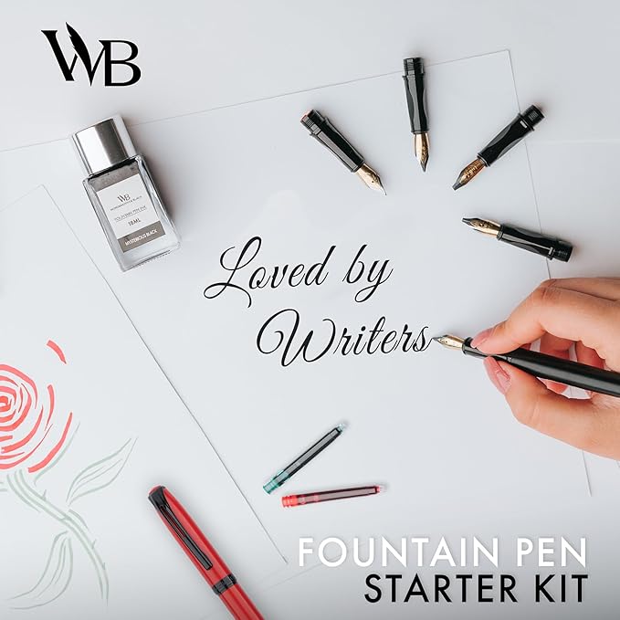 Wordsworth and Black Fountain Pen Set - Black - Includes 2 Pens, 18 ML Ink Bottle, 60 Ink Cartridges, A Refill Converter, 1 Medium and 4 Broad Nibs, Brush Pen - Fountain Pen Kit for Beginners