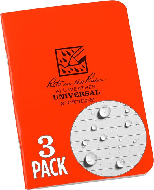 Rite in the Rain Weatherproof Mini Stapled Notebook, 3.25" x 4.625", Orange Cover, Universal Pattern, 3 Pack (No. OR71FX-M)