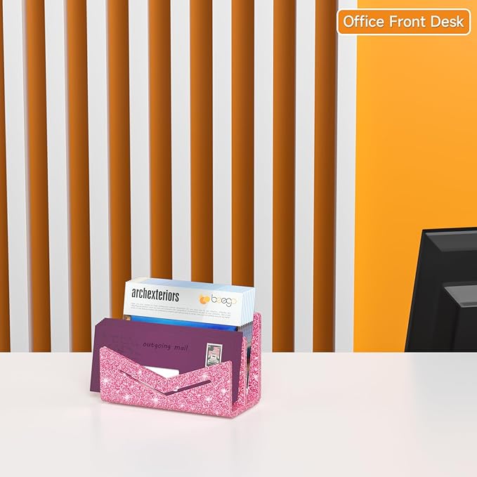 Beego Envelope and Mail Organizer Countertop - 2 Compartments Glitter Pink Acrylic Desk Organizer Letter Holder Desktop File Sorter Bill Document Folder Rack for Office, Home, School