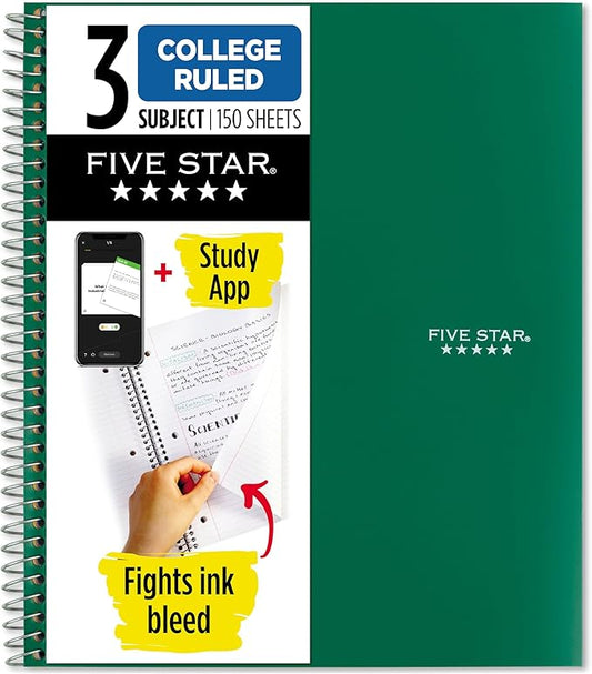 Five Star Spiral Notebook + Study App, 3 Subject, College Ruled Paper, Fights Ink Bleed, Water Resistant Cover, 8-1/2" x 11", 150 Sheets, Green (72067)
