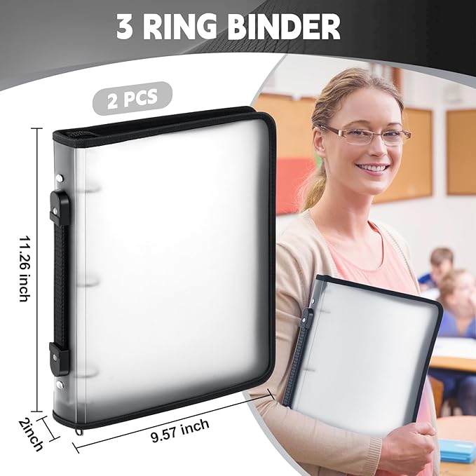 Teling 2 Pcs Plastic Zipper Binders with 3 Ring Zipper Binder, Refillable File Organizer Planner for Projects, Assignments, Memos, School Work (2 Inch,White)