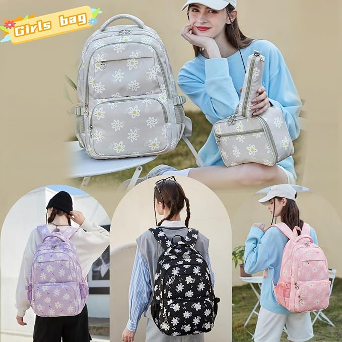 3Pcs Daisy Backpack for Girls with Lunch Box Kids School Bag with Lunch Bag Bookbag for Elementary School