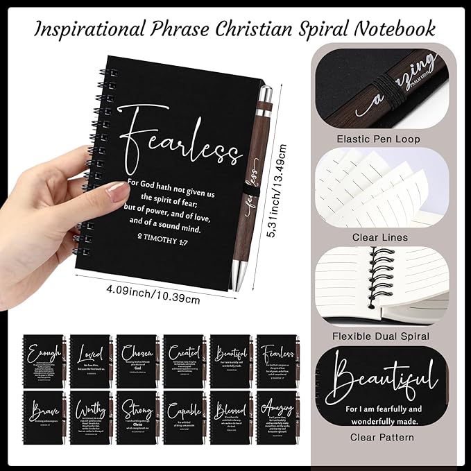 Kosiz 12 Sets Christian Gifts Bulk Inspirational Bible Verse Spiral Notebook and Religious Bamboo Ballpoint Pen Journal with Scripture for Easter Church Member First Communion Teacher Holy Week (Black)