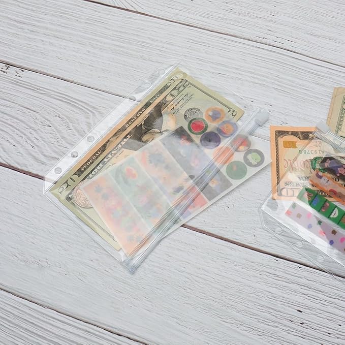 12PCS A6 Clear Zipper Binder Pockets - 6 Holes Pouches Bag for Loose-Leaf Journal Budget Filing