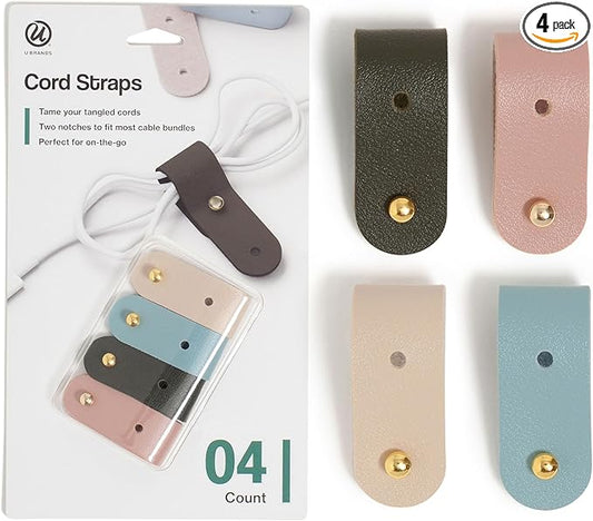 U Brands Vegan Leather Cord Straps, Set of 4 Cable Ties, Cable Management, Office Desk Accessories, Office Supplies, Assorted Colors
