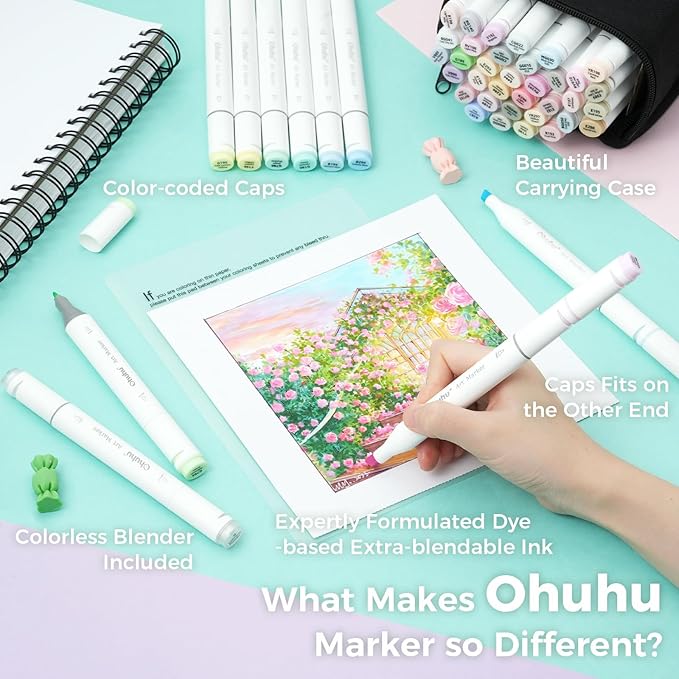 Ohuhu Alcohol Markers 48 Pastel Colors: AP Certificated Double Tipped Art Marker Set for Artists Adults Coloring Illustration - Chisel and Fine Dual Tips - Oahu of Ohuhu Markers - Refillable