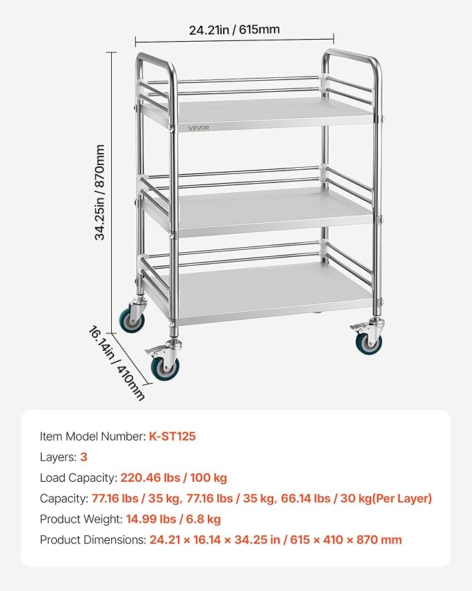 VEVOR Stainless Steel Rolling Cart, 3-Tier Metal Utility Cart with Lockable Wheels, Medical Serving Trolley Clinic Tray, Mobile Service Cart for Hospital, Lab, Restaurant, Kitchen, Salon