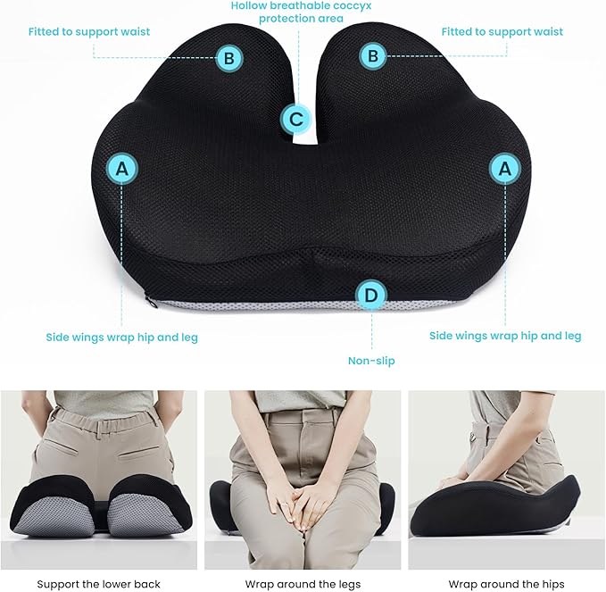 CXC Seat Cushions for Office Chairs – Recovery Memory Foam, Seat Cushion for Desk Chair, Car, Wheelchair, Hip & Tailbone Pain Relief Cushion for Lxx`ong Sitting, Non-Slip (Black Breathable mesh Cover)
