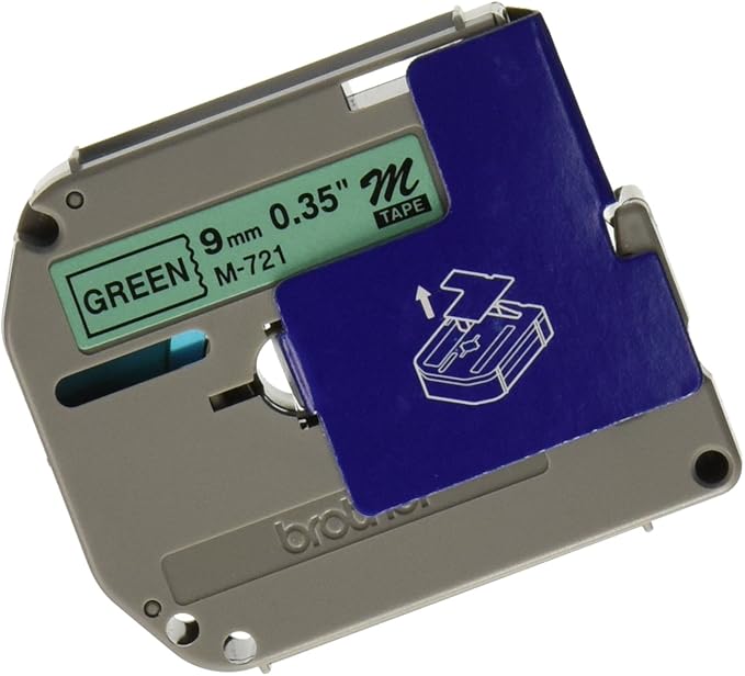 Brother Genuine P-touch M-721 Label Tape 3/8" (0.35") Standard Laminated P-touch Tape, Black on Metallic Green Laminated for Indoor or Outdoor Use, Water Resistant, 26.2 Feet (8M), Single-Pack (M721)