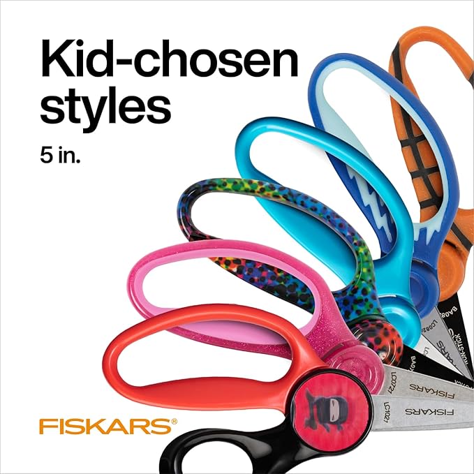 Fiskars 5" SoftGrip Blunt-Tip Scissors for Kids Ages 4-7,Scissors for School or Crafting,Back to School Supplies,Blue,Purple,and Pink Designs,3 Count (Pack of 2)