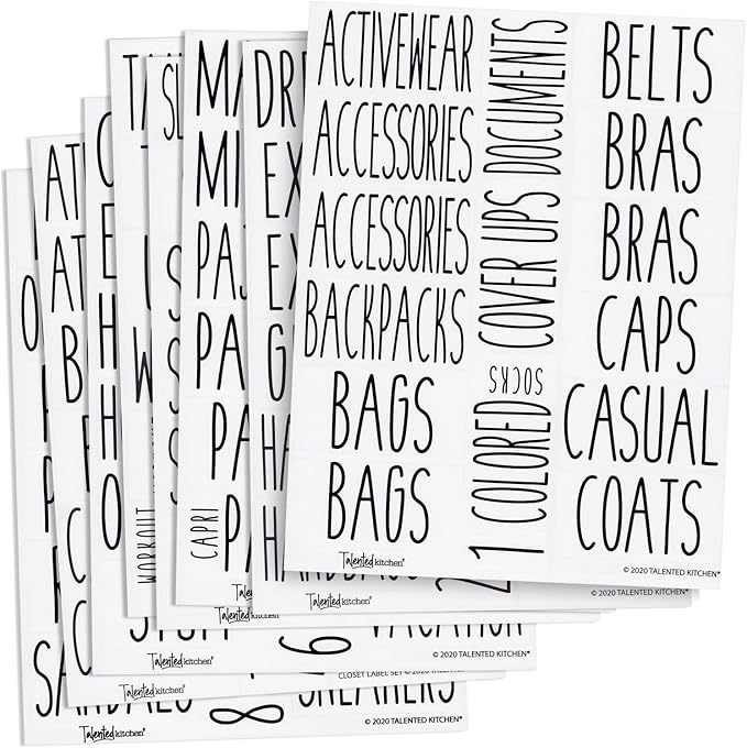 Talented Kitchen Clothing Bin Labels - Water-Resistant Closet Organizer Labels - Preprinted All-Caps Clothing Storage Tags - Organized Closet Storage - 133 Pack, 1.75 x 1.5-3.25 in, White Vinyl