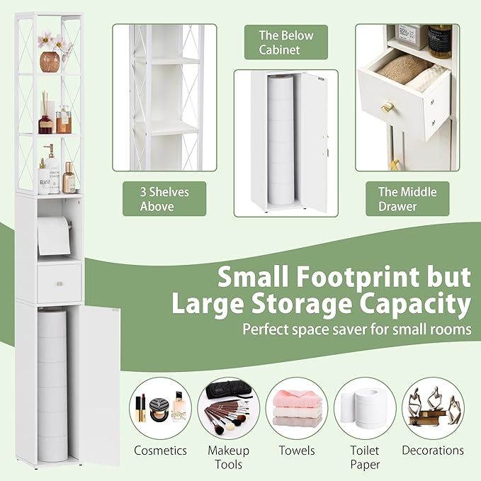 VECELO Tall Narrow Storage Cabinet with X-Frame Metal Design, Slim Freestanding Bathroom Cabinet with Toilet Paper Holder, Magnetic Door & Drawer, for Small Spaces, 7.9" D x 7.9" W x 67" H, White