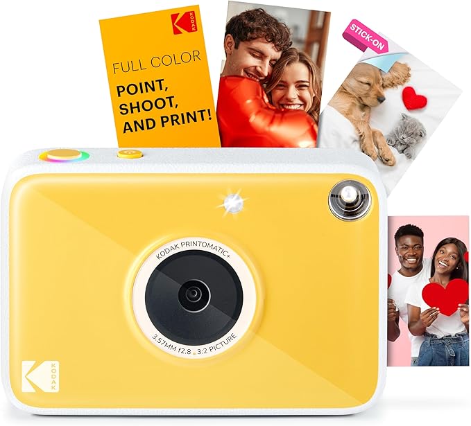 Kodak Printomatic+ Instant Print Digital Camera (Yellow) 10MP Portable Camera with Interactive RGB LED Status Indicator, Prints Full-Color Photos on Zink 2x3” Sticky-Backed Photo Paper - Easy & Fun