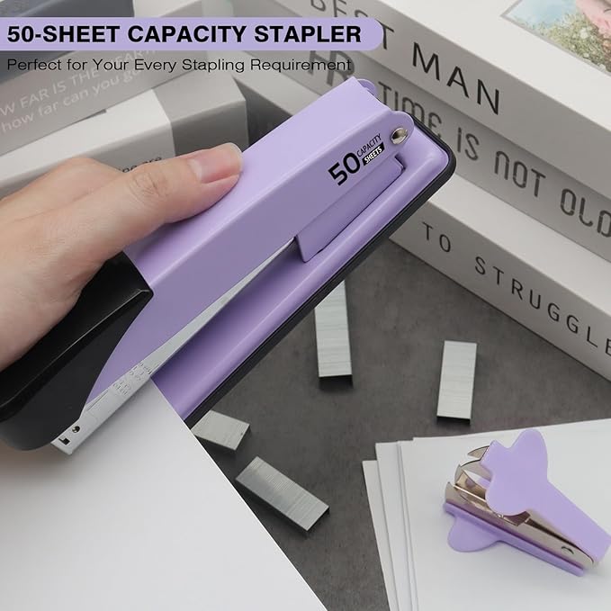 Metal Heavy Duty Stapler, 50 Sheet Capacity Stapler with 2000 Staples and Staple Remover, No Jam, Non-Slip Stapler for Desk, Purple Office Supplies for Teacher, Office Clerks