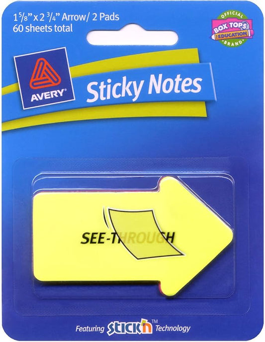 Avery Sticky Notes, See-Through, Arrow, 1.62 x 2.75 Inches, Yellow and Magenta, 2 Pads, 30-Arrows/Color, 60 Sheets